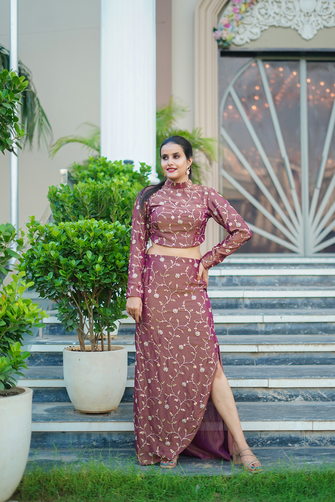 V Glame Burgundy Glamour Two-Piece Set – Viscose Elegance